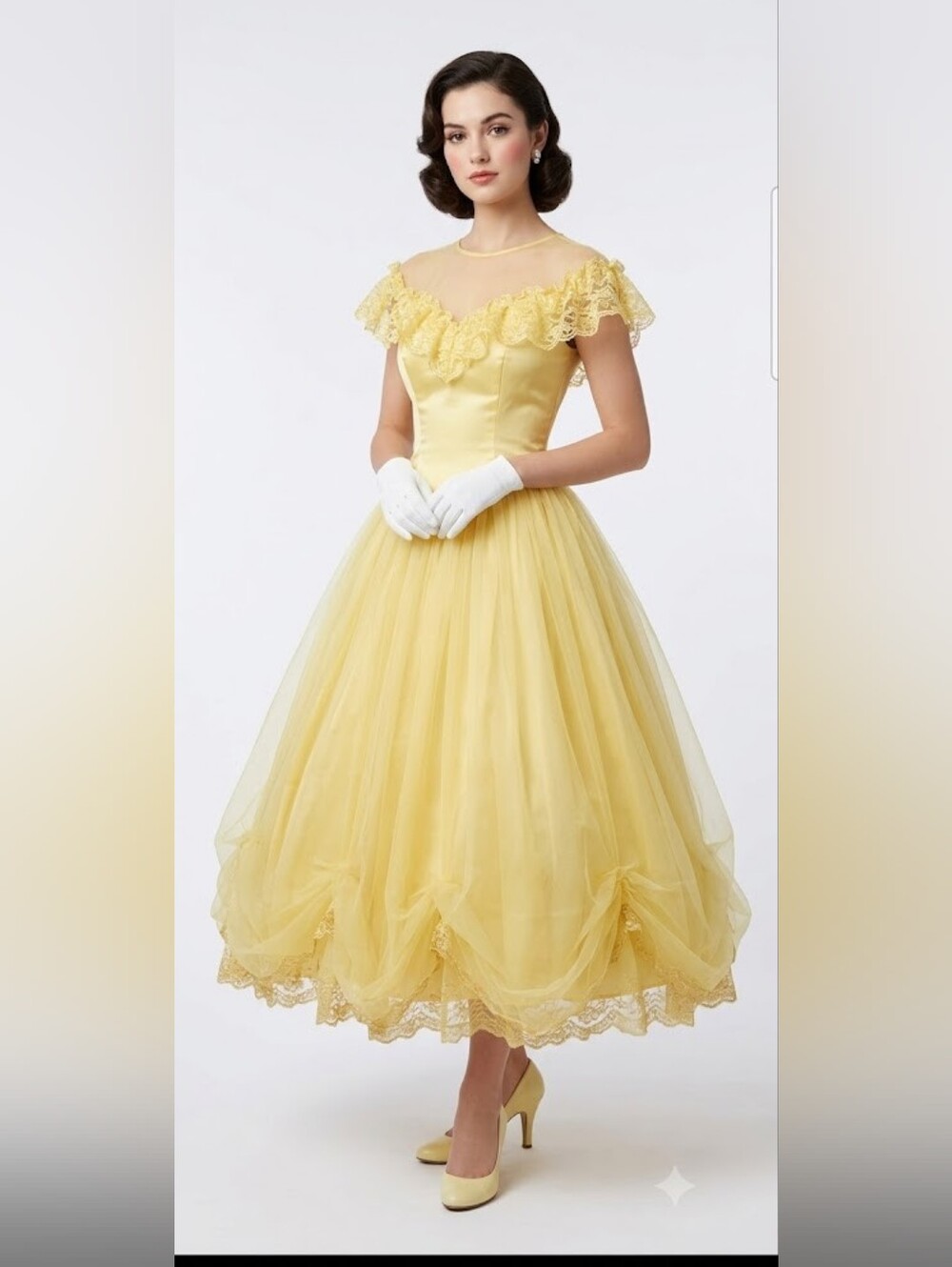 Vintage 50s Yellow Handmade Formal Dress Floral Accent Tulle Prom Ruffle Sheer